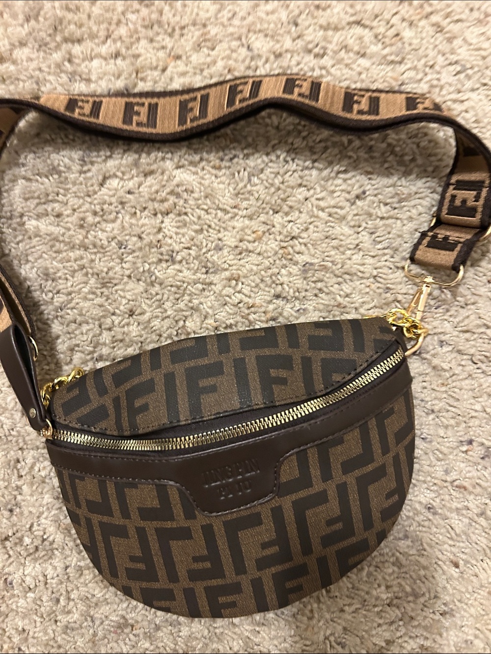 Monogram Brown Crossbody Belt Bag with Wide Logo Strap